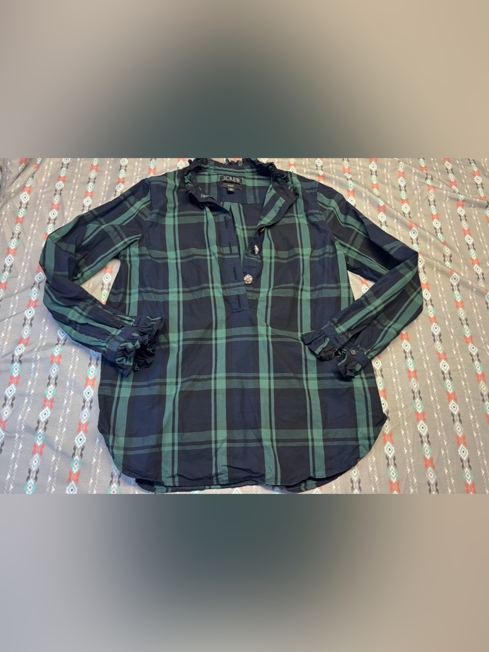 ⚛️J. Crew Navy and Green Plaid Ruffle Collar Button-Front Shirt